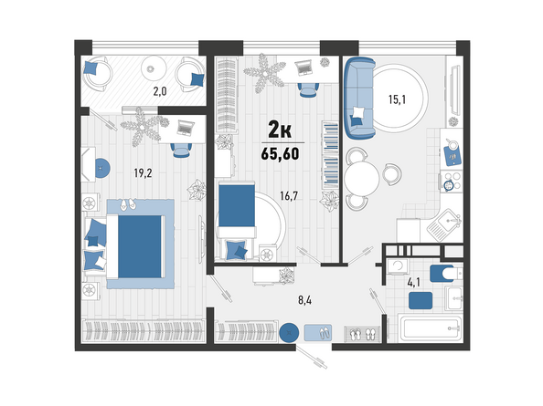 Планировка 2-комн 65,6 м²