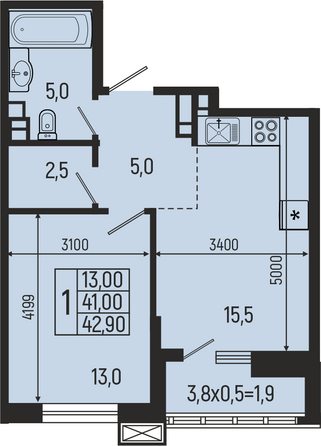 Планировка 1-комн 42,9, 43,4 м²