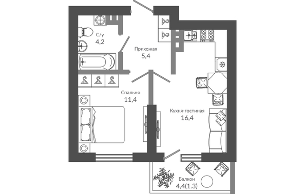 Планировка 1-комн 38,7 м²