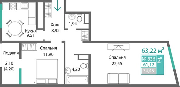 Планировка 2-комн 61,12 м²