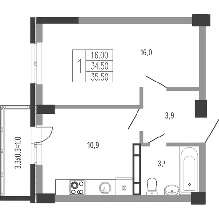 Планировка 1-комн 35,5 м²