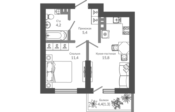 Планировка 1-комн 38,1 м²