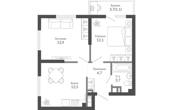 Планировка 2-комн 49 м²