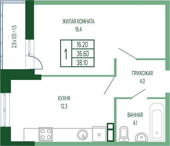 Планировка 1-комн 38,1, 38,4 м²