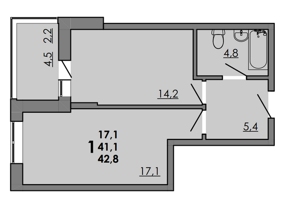 Планировка 1-комн 42,8 м²