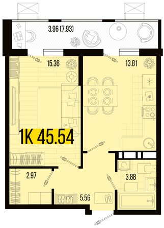 Планировка 1-комн 45,54, 45,91 м²