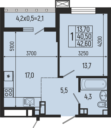 Планировка 1-комн 42,6, 43,2 м²