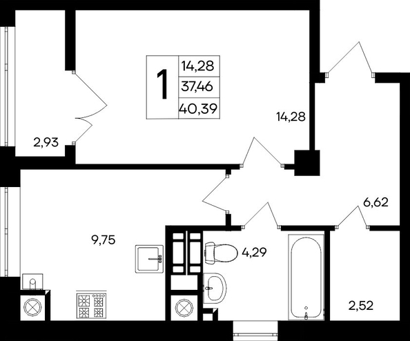 Планировка 1-комн 40,17 - 40,39 м²