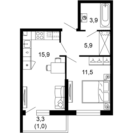 Планировка 1-комн 37,9, 38,2 м²