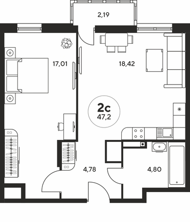 Планировка 2-комн 47,05 - 47,24 м²