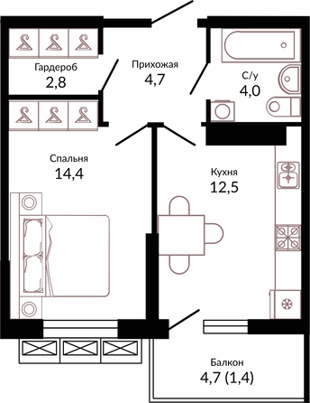 Планировка 1-комн 39,8 м²