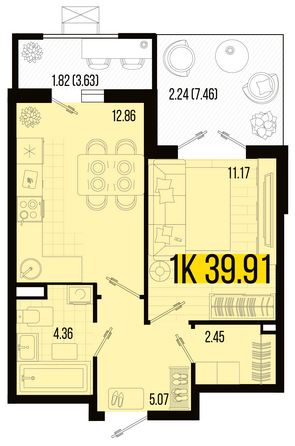 Планировка 1-комн 39,91, 39,97 м²