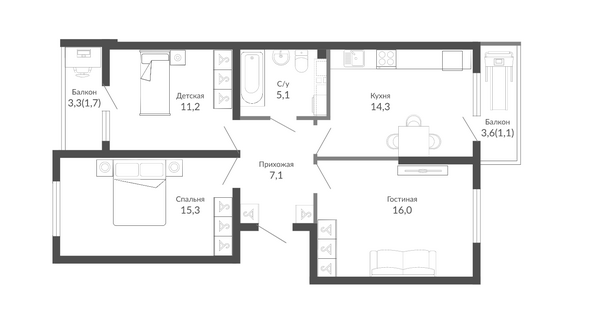 Планировка 3-комн 71,8 м²