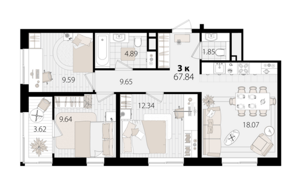 Планировка 3-комн 67,84 м²