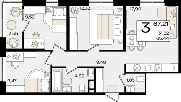 Планировка 3-комн 67,21 м²