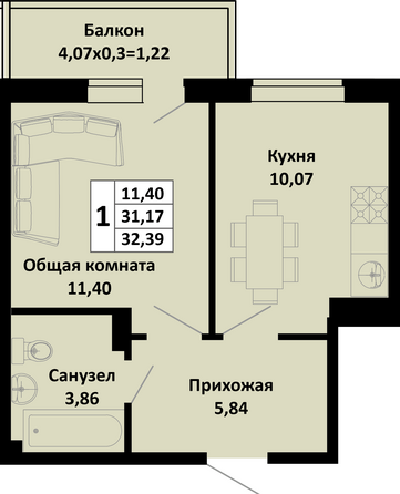 Планировка 1-комн 32,39 м²