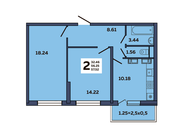 Планировка 2-комн 57,52 м²