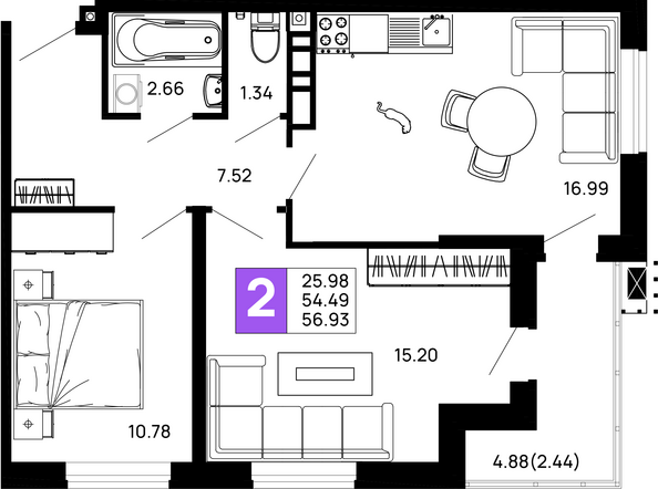 Планировка 2-комн 56,93 м²