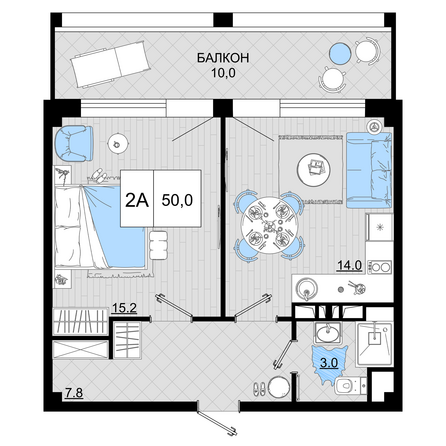 Планировка 2-комн 50 м²