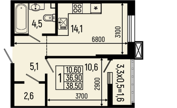 Планировка 1-комн 38,5 м²