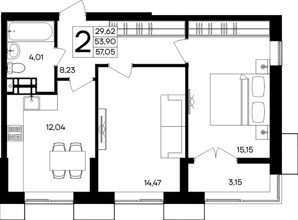 Планировка 2-комн 57,05 м²