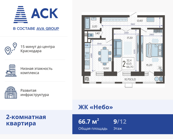 Планировка 2-комн 66,7 м²