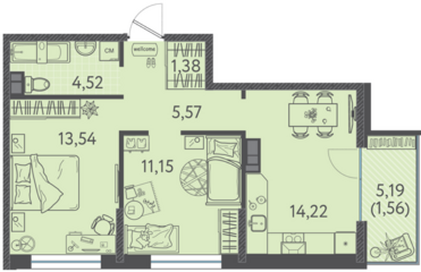 Планировка 2-комн 51,94 м²