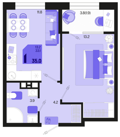 Планировка 1-комн 35 м²