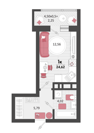 Планировка 1-комн 24,62 м²