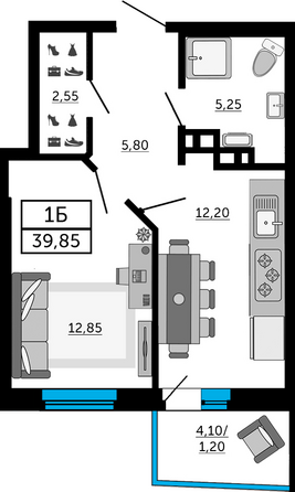 Планировка 1-комн 39,5, 39,85 м²