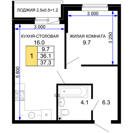 Планировка 1-комн 37,3 м²