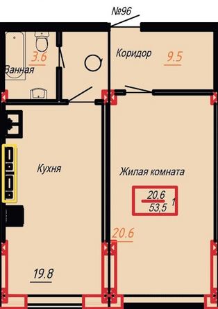 Планировка 1-комн 53,5 м²