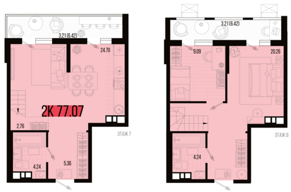 Планировка 2-комн 77,07, 77,38 м²