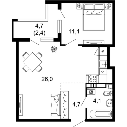 Планировка 1-комн 48,3 м²