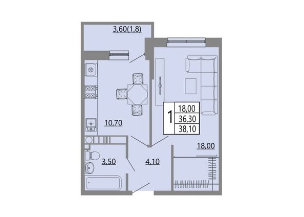 Планировка 1-комн 38,1 м²