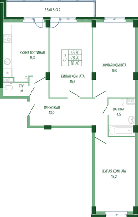 Планировка 3-комн 81,4 м²