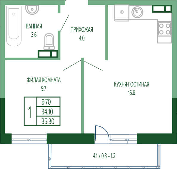 Планировка 1-комн 35,3, 36,2 м²