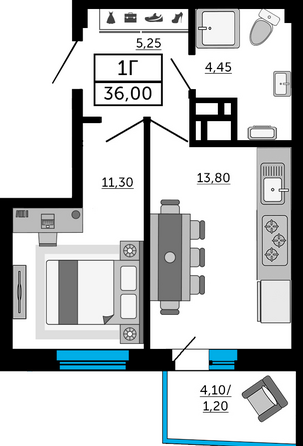 Планировка 1-комн 35,8, 36 м²