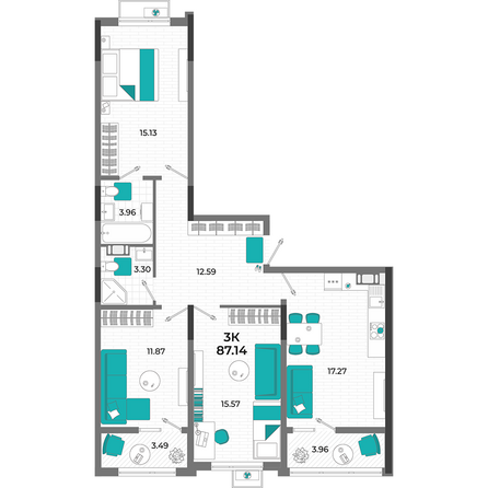 Планировка 3-комн 87,14 м²