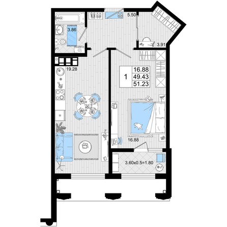 Планировка 1-комн 51,23 м²