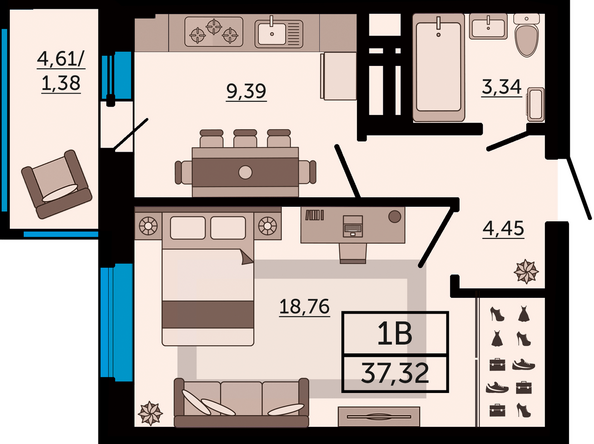 Планировка 1-комн 37,32 м²