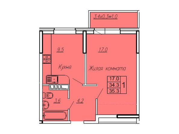 Планировка 1-комн 35,3 м²