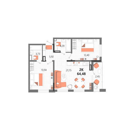 Планировка 2-комн 64,48 м²