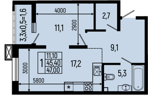 Планировка 1-комн 46,5 - 47,2 м²