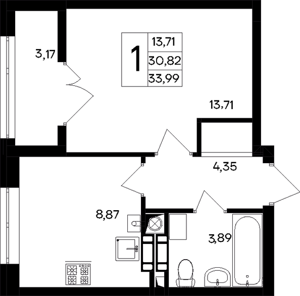 Планировка 1-комн 33,99 - 34,89 м²