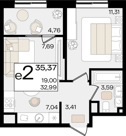 Планировка 2-комн 35,37, 35,51 м²