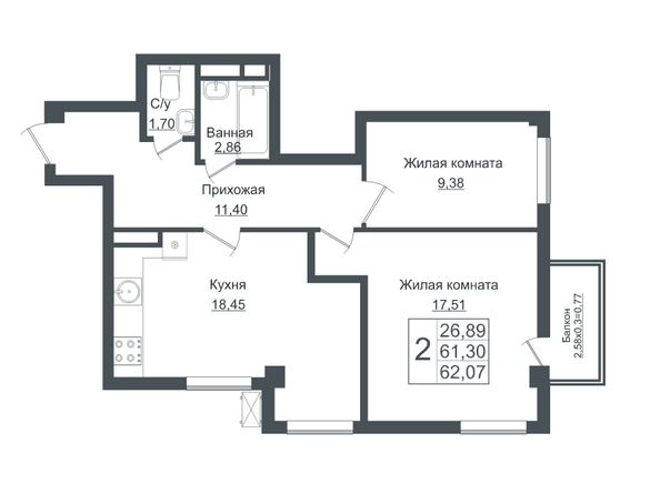 Планировка 2-комн 62,07 м²