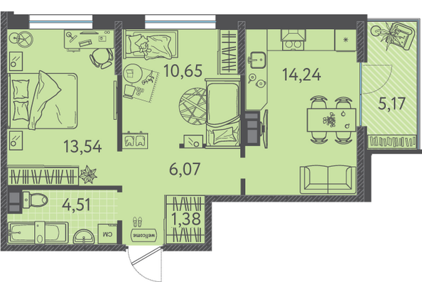 Планировка 2-комн 51,94 м²