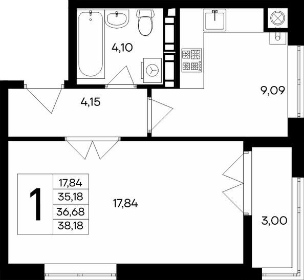 Планировка 1-комн 38,18 м²
