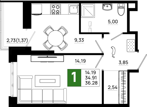 Планировка 1-комн 36,28 м²